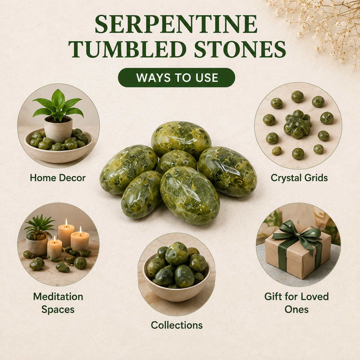 Serpentine Tumbled Crystals (Mastering Fear and Self Discovery)  DestGlow