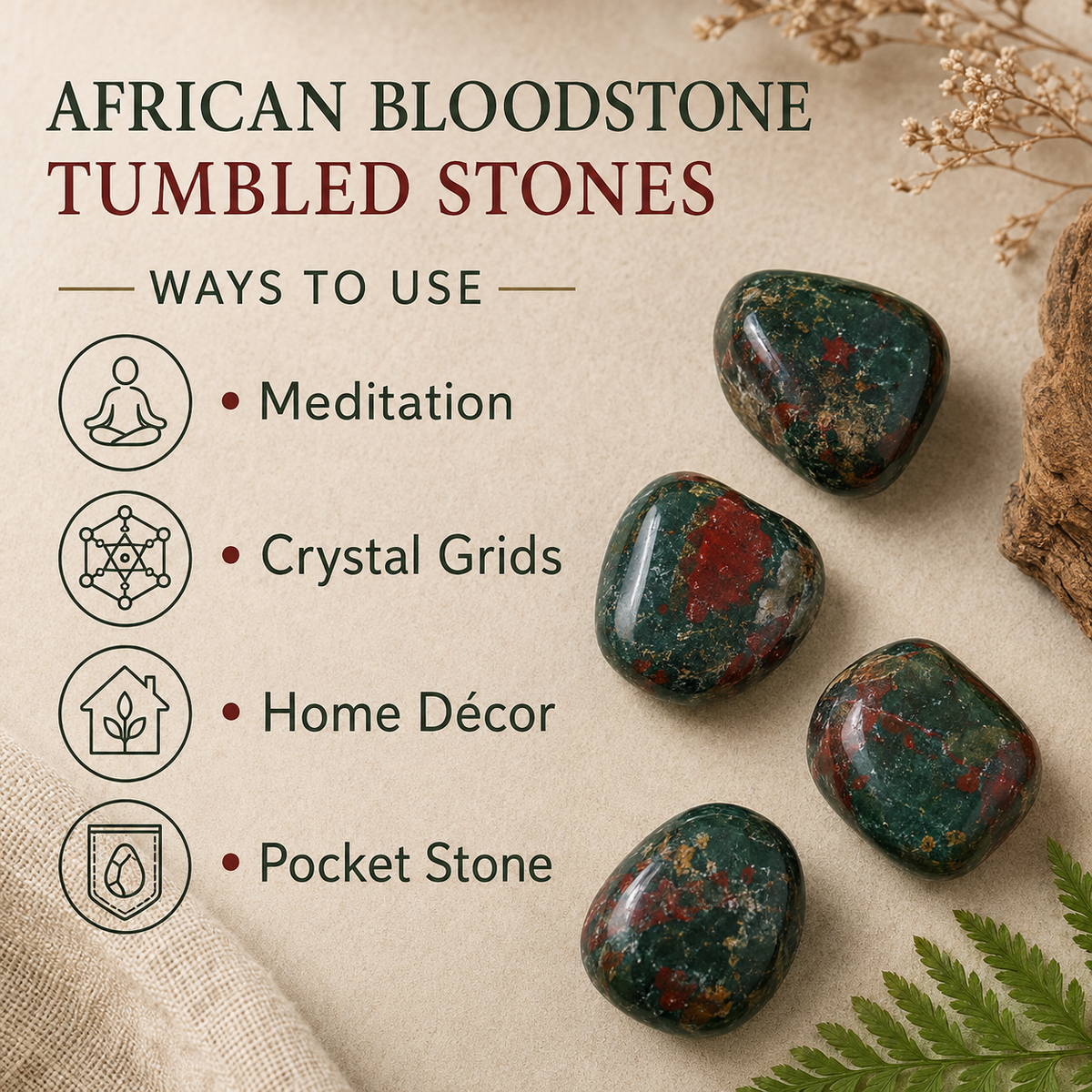 African Bloodstone Tumbled Crystals (Abundance of wealth and Protection)  DestGlow
