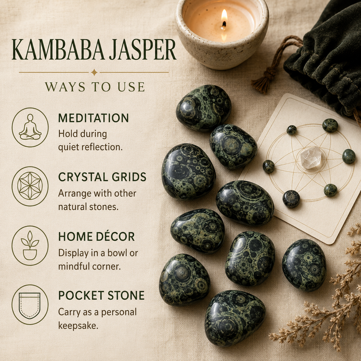 Kambaba Jasper Tumbled Crystals (Growth and Self Discovery)  DestGlow