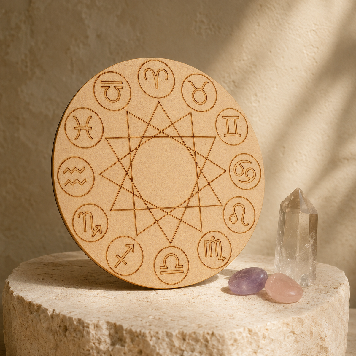 Engraved Zodiac Signs Crystal Grid Board, 6" Wooden Crystal Grid Plate  DestGlow