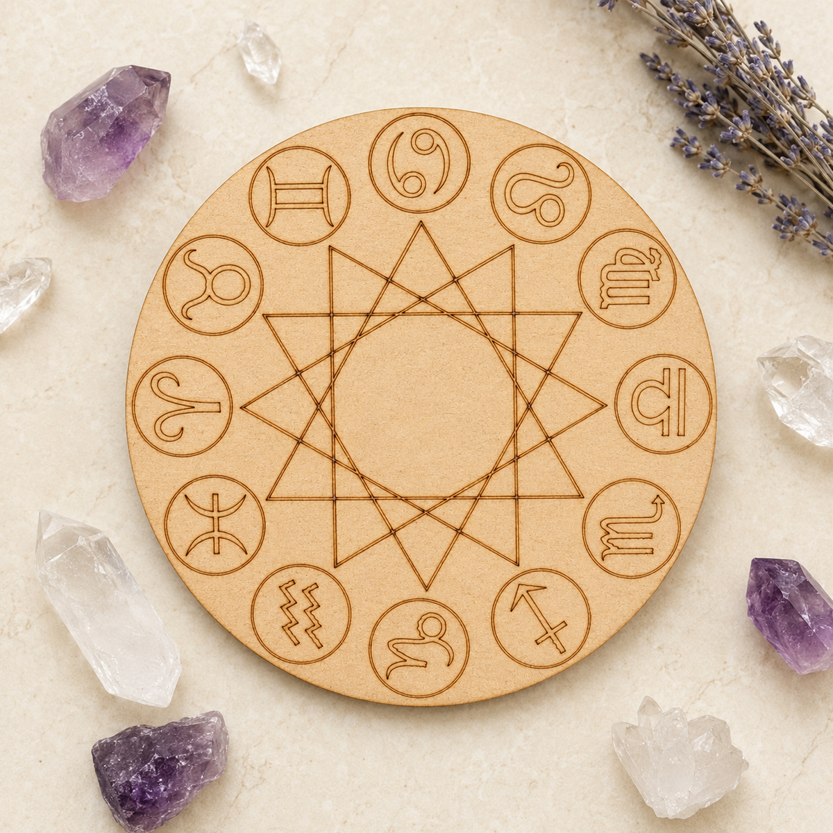 Engraved Zodiac Signs Crystal Grid Board, 6" Wooden Crystal Grid Plate  DestGlow