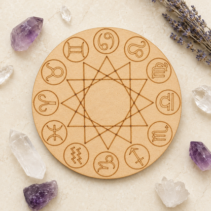 Engraved Zodiac Signs Crystal Grid Board, 6" Wooden Crystal Grid Plate  DestGlow