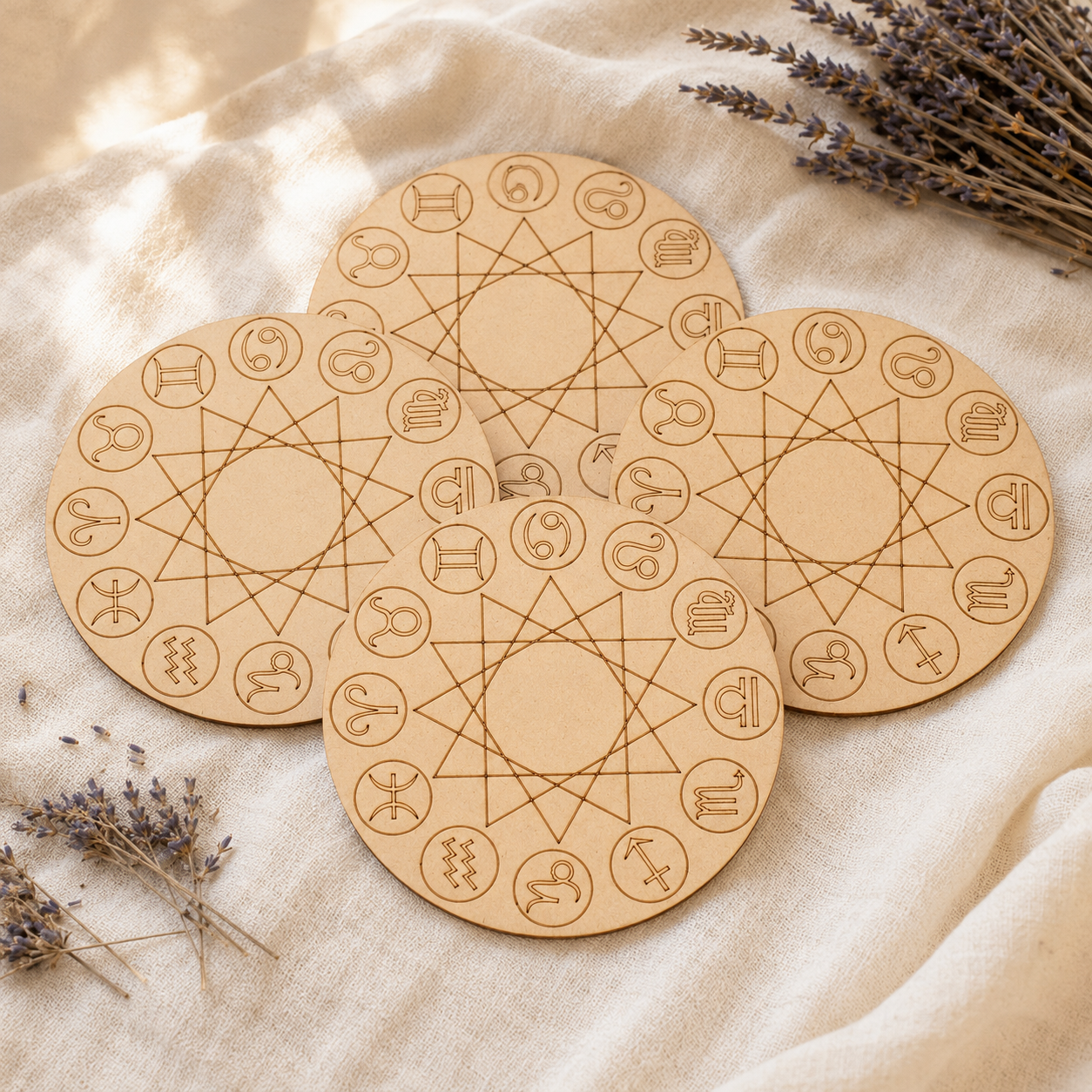 Engraved Zodiac Signs Crystal Grid Board, 6" Wooden Crystal Grid Plate  DestGlow