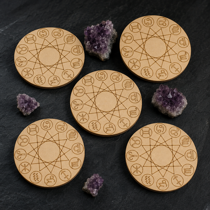 Engraved Zodiac Signs Crystal Grid Board, 6" Wooden Crystal Grid Plate  DestGlow