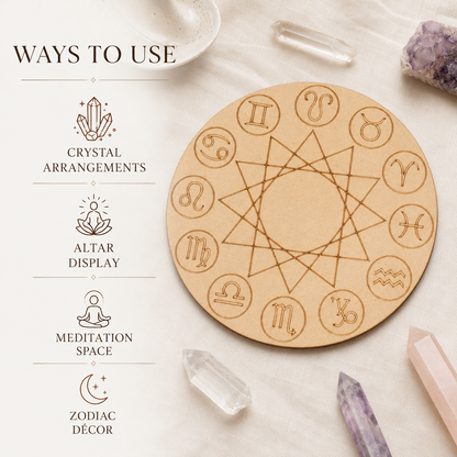 Engraved Zodiac Signs Crystal Grid Board, 6" Wooden Crystal Grid Plate  DestGlow