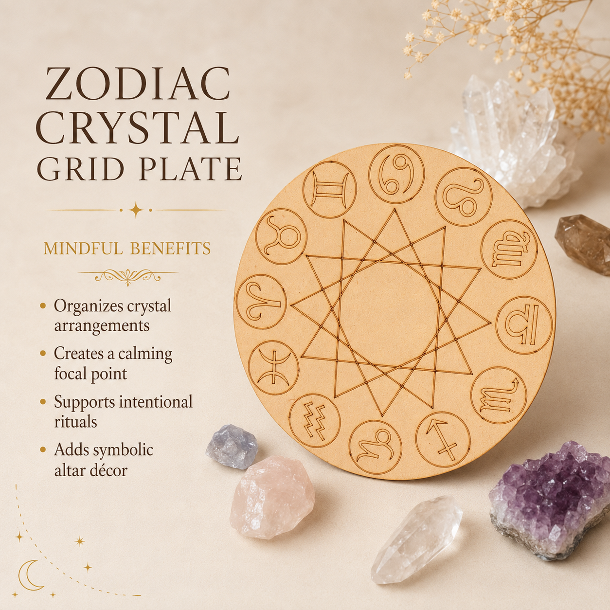 Engraved Zodiac Signs Crystal Grid Board, 6" Wooden Crystal Grid Plate