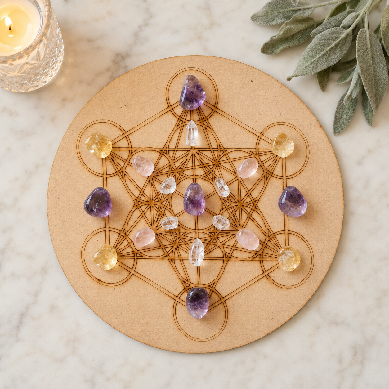 Metatron Cube Crystal Grid Board, 6" Wooden Crystal Grid Plate  DestGlow