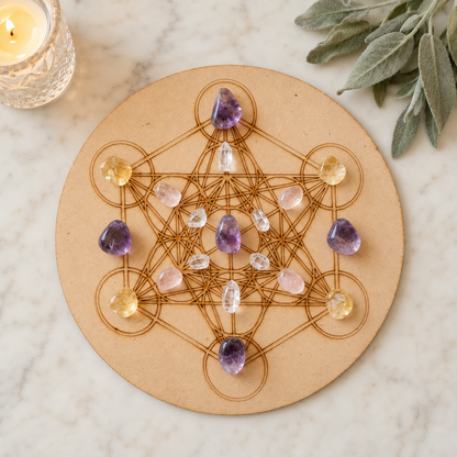 Metatron Cube Crystal Grid Board, 6" Wooden Crystal Grid Plate  DestGlow