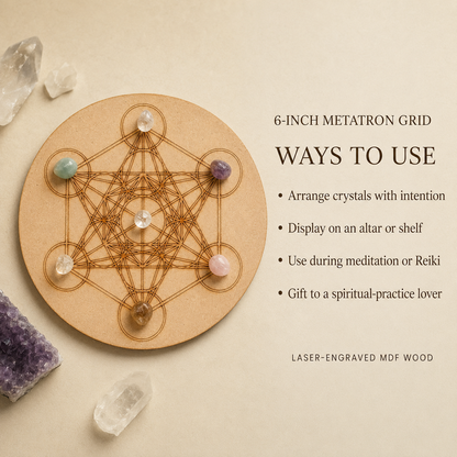 Metatron Cube Crystal Grid Board, 6" Wooden Crystal Grid Plate  DestGlow