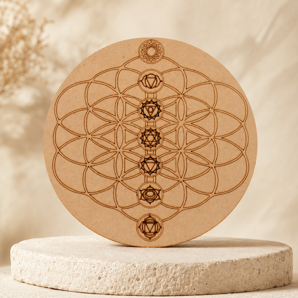 Tree of Life with 7 Chakras Crystal Grid Board, 6" Wooden Crystal Grid Plate  DestGlow
