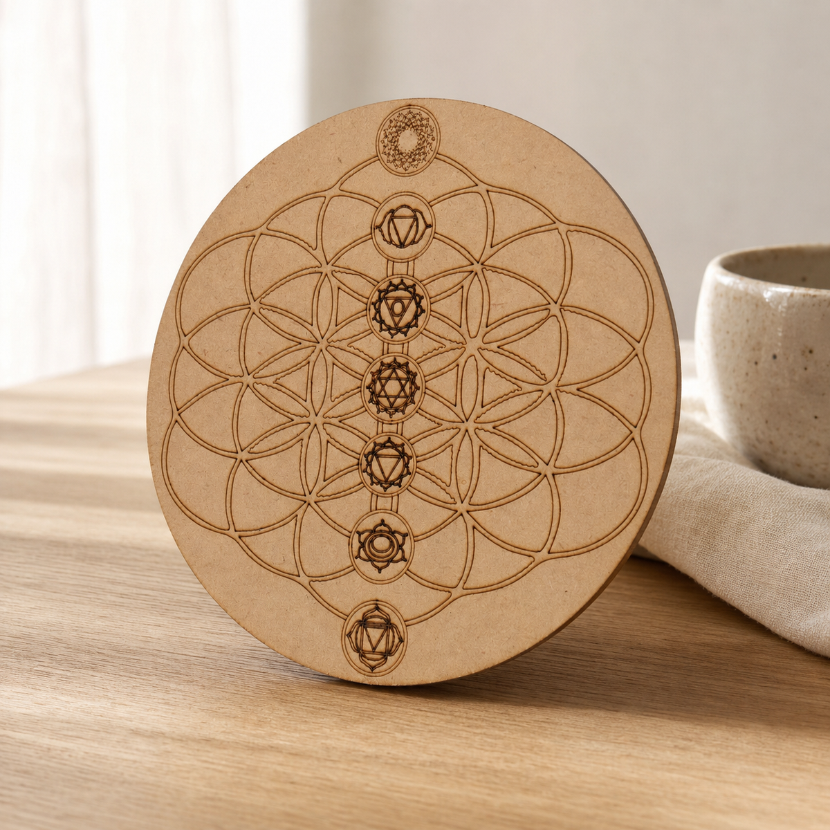 Tree of Life with 7 Chakras Crystal Grid Board, 6" Wooden Crystal Grid Plate  DestGlow