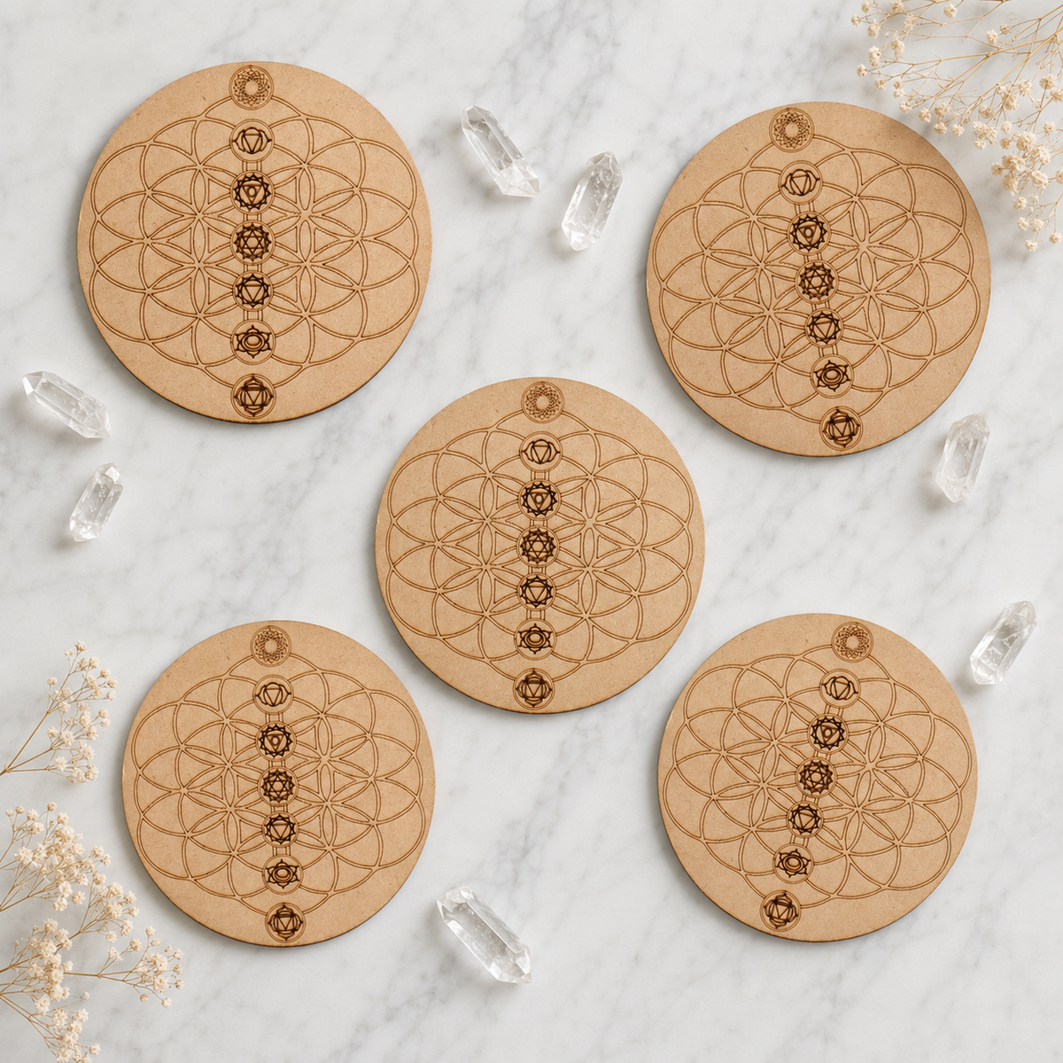 Tree of Life with 7 Chakras Crystal Grid Board, 6" Wooden Crystal Grid Plate  DestGlow