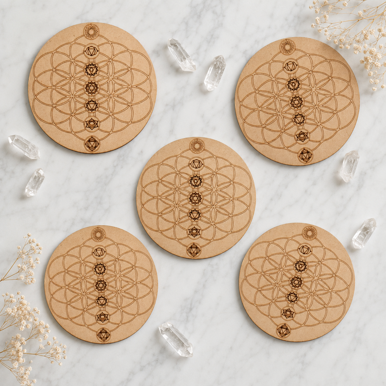 Tree of Life with 7 Chakras Crystal Grid Board, 6" Wooden Crystal Grid Plate  DestGlow