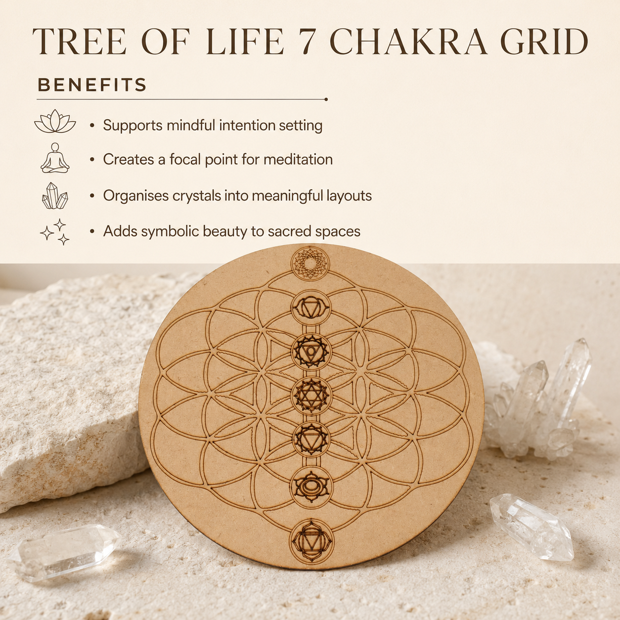 Tree of Life with 7 Chakras Crystal Grid Board, 6" Wooden Crystal Grid Plate  DestGlow