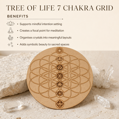 Tree of Life with 7 Chakras Crystal Grid Board, 6" Wooden Crystal Grid Plate  DestGlow