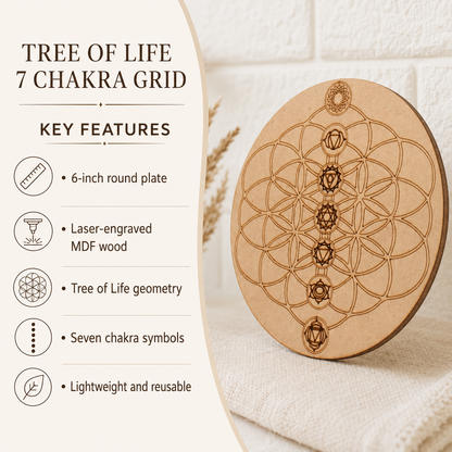 Tree of Life with 7 Chakras Crystal Grid Board, 6" Wooden Crystal Grid Plate  DestGlow