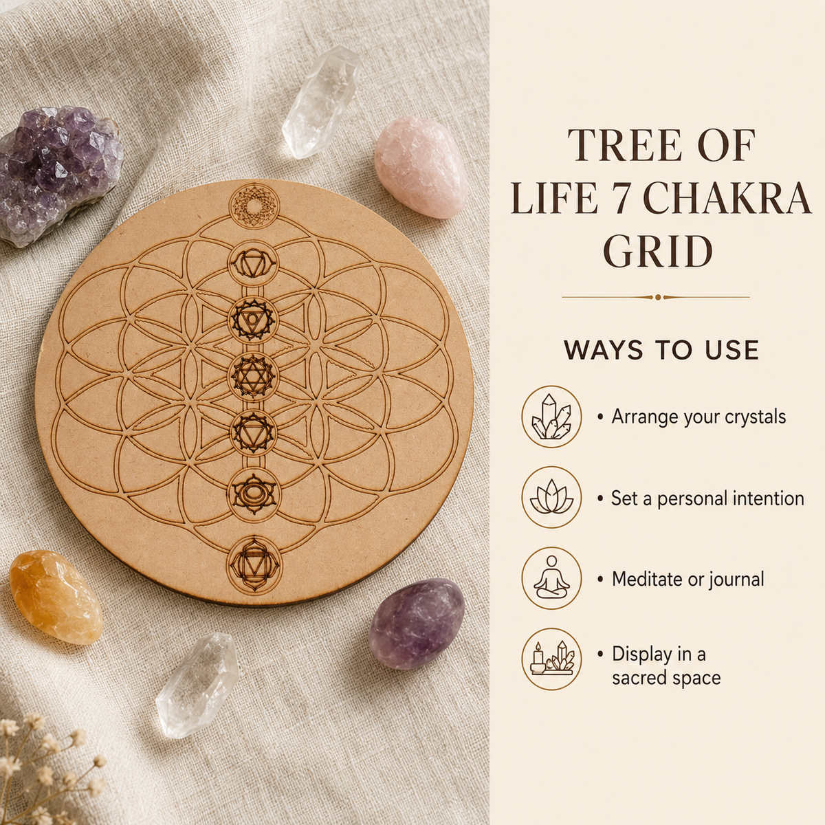 Tree of Life with 7 Chakras Crystal Grid Board, 6" Wooden Crystal Grid Plate  DestGlow