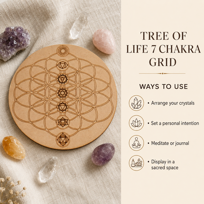 Tree of Life with 7 Chakras Crystal Grid Board, 6" Wooden Crystal Grid Plate  DestGlow