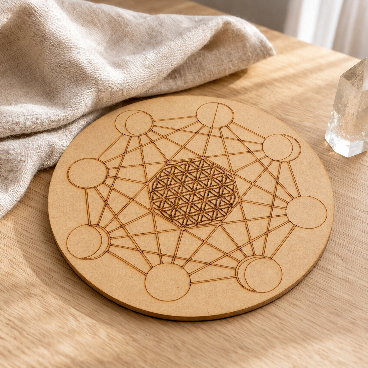 Moon Phase Crystal Grid Board, 6" Wooden Crystal Grid Plate  DestGlow