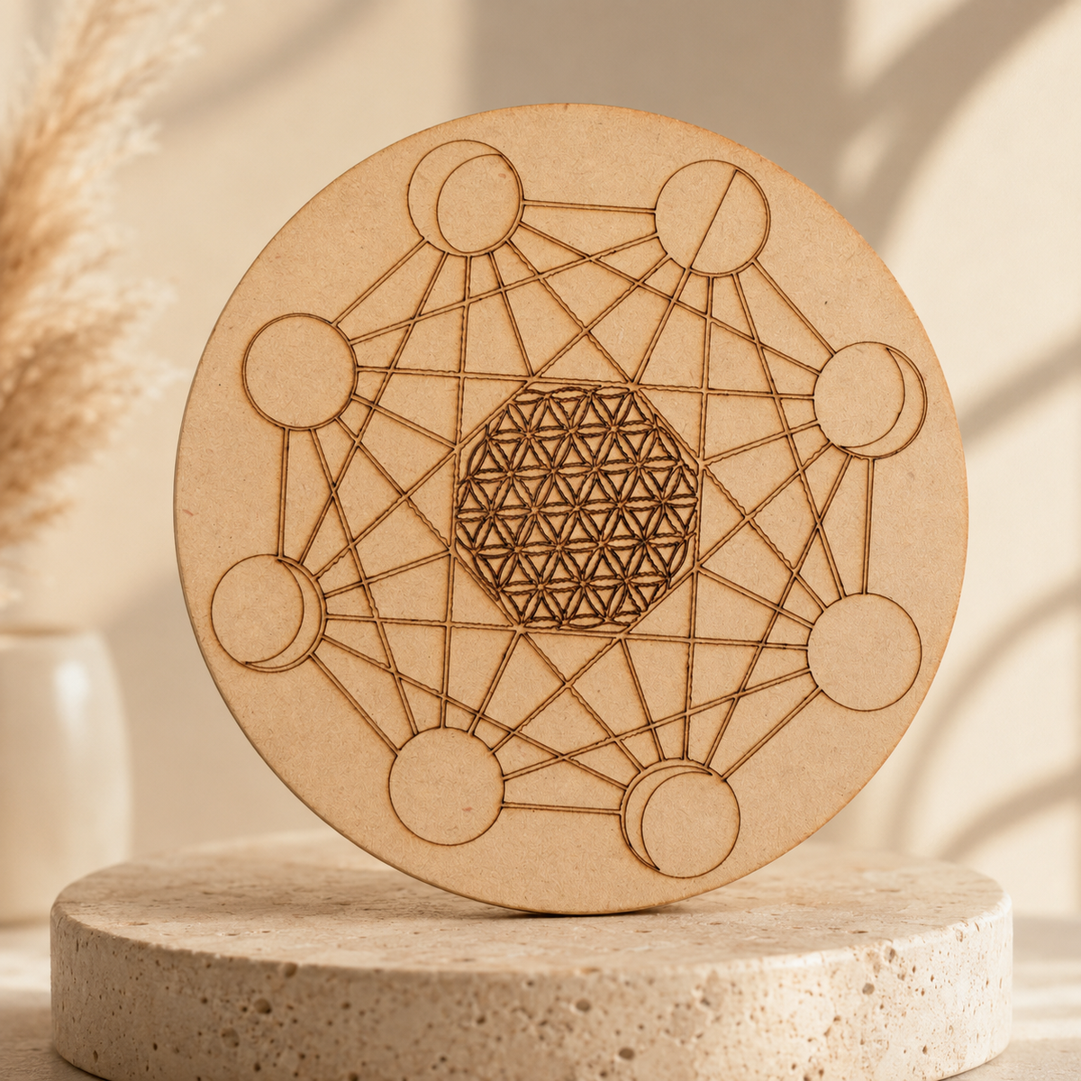 Moon Phase Crystal Grid Board, 6" Wooden Crystal Grid Plate  DestGlow