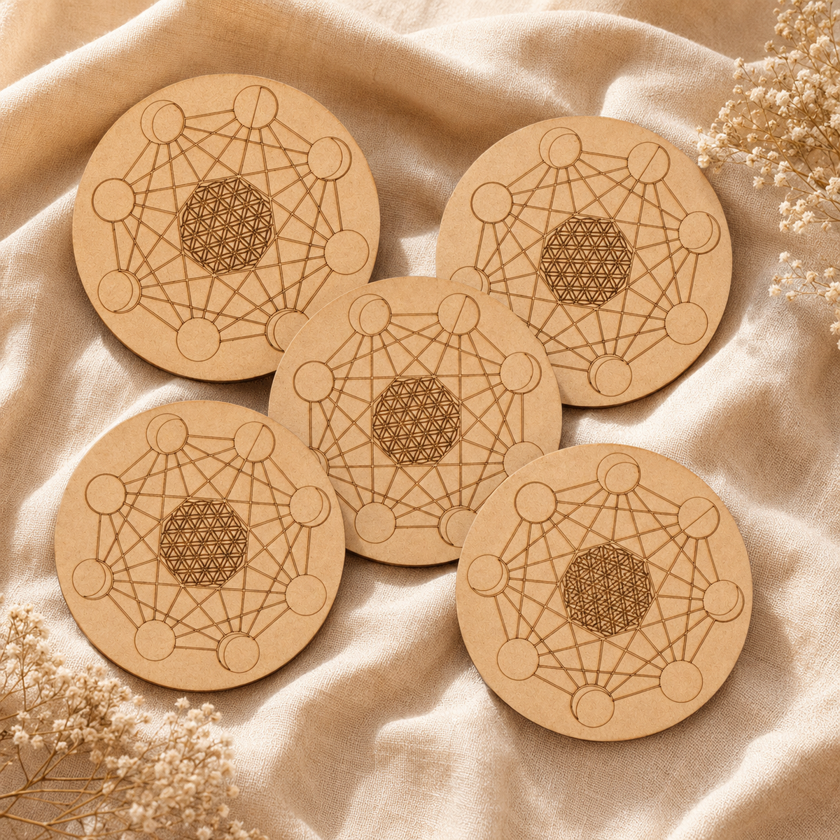 Moon Phase Crystal Grid Board, 6" Wooden Crystal Grid Plate  DestGlow