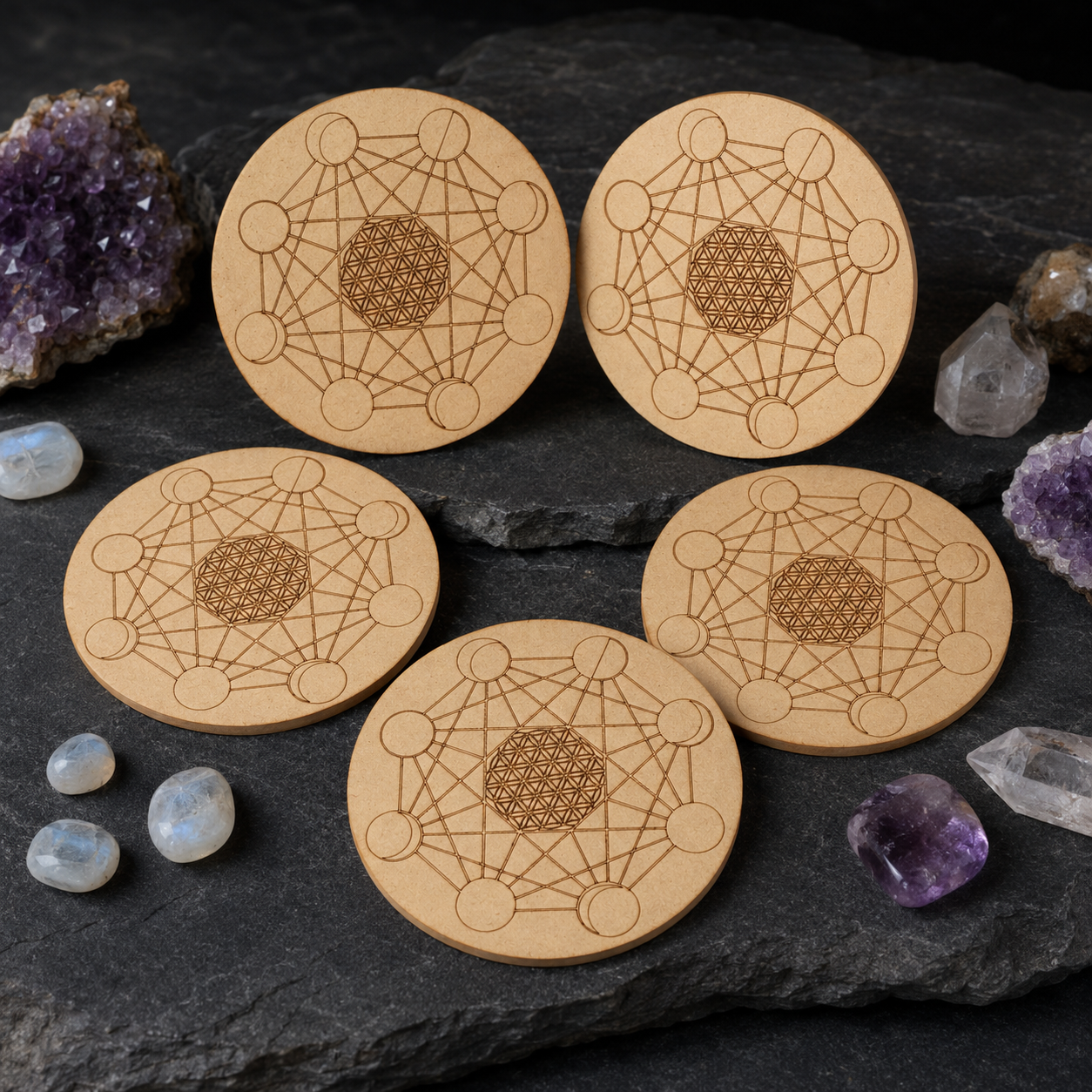 Moon Phase Crystal Grid Board, 6" Wooden Crystal Grid Plate  DestGlow