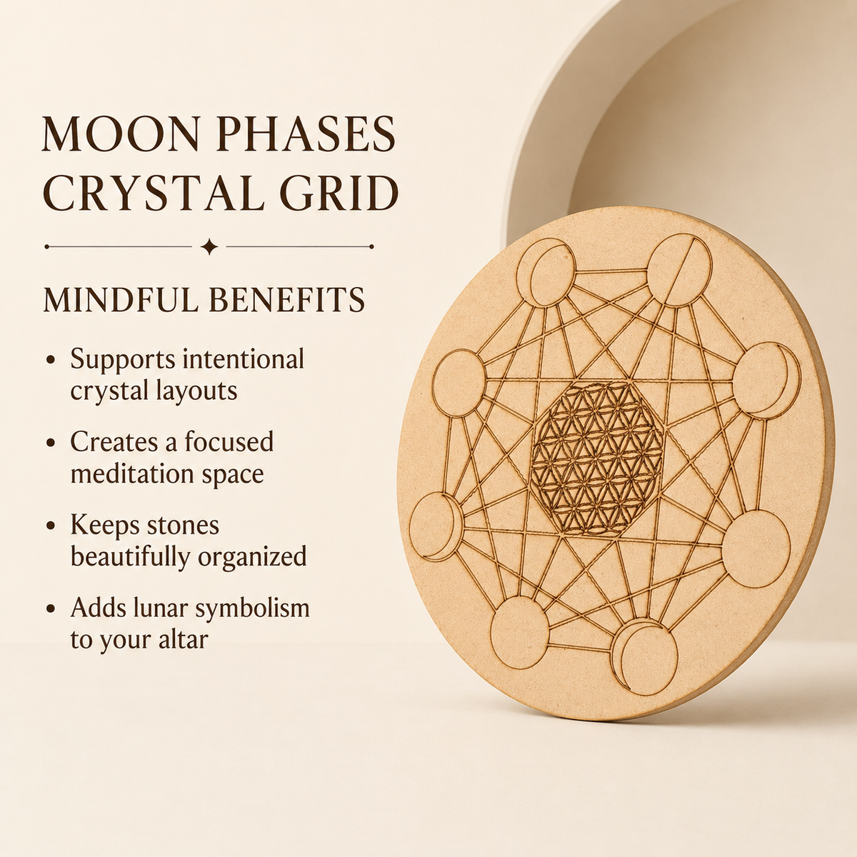 Moon Phase Crystal Grid Board, 6" Wooden Crystal Grid Plate  DestGlow