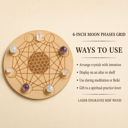 Moon Phase Crystal Grid Board, 6" Wooden Crystal Grid Plate  DestGlow