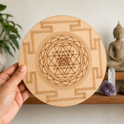 Shri Yantra Crystal Grid Board, 6" Wooden Crystal Grid Plate  DestGlow