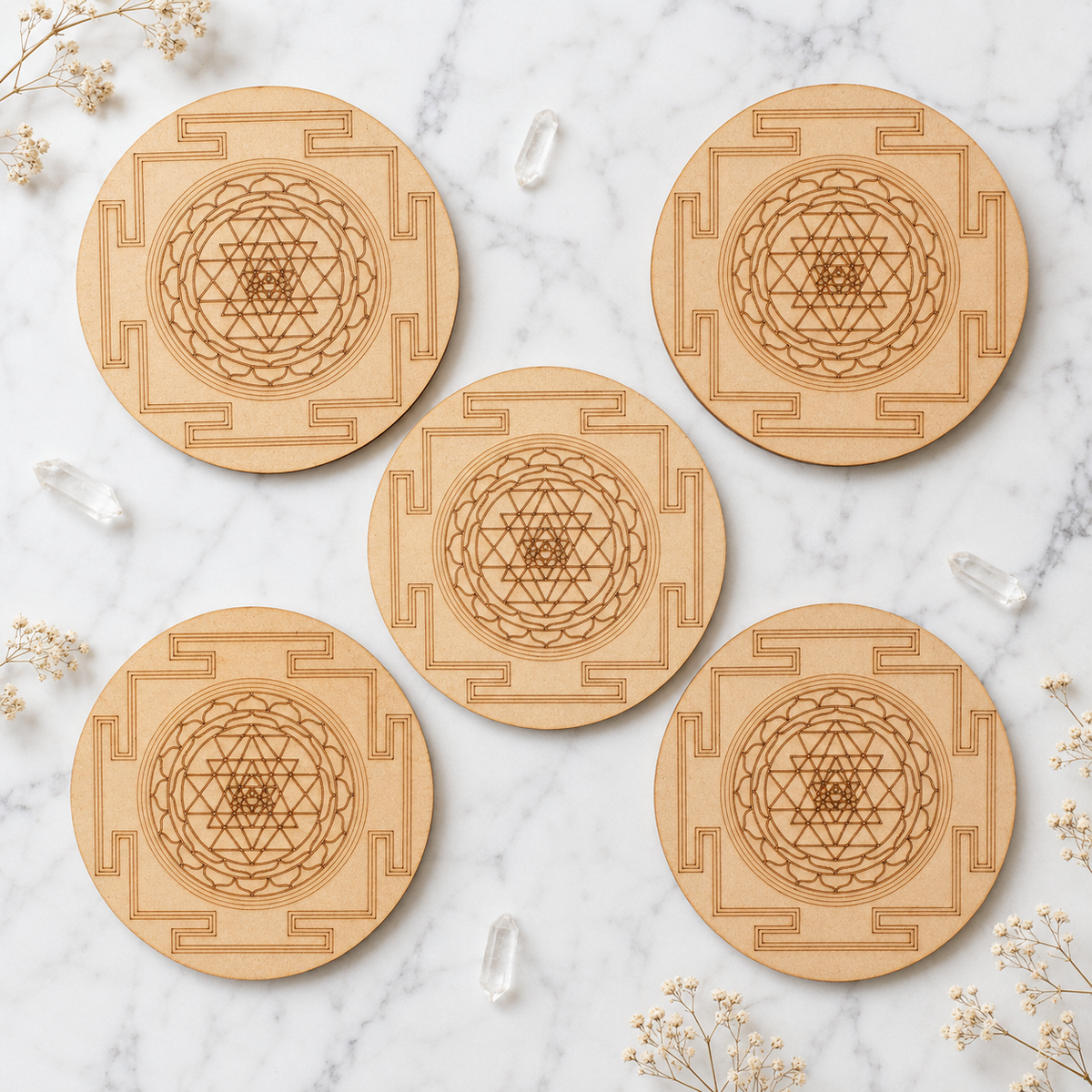 Shri Yantra Crystal Grid Board, 6" Wooden Crystal Grid Plate  DestGlow