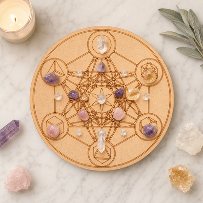 Sacred Geometry Crystal Grid Board, 6" Wooden Crystal Grid Plate  DestGlow