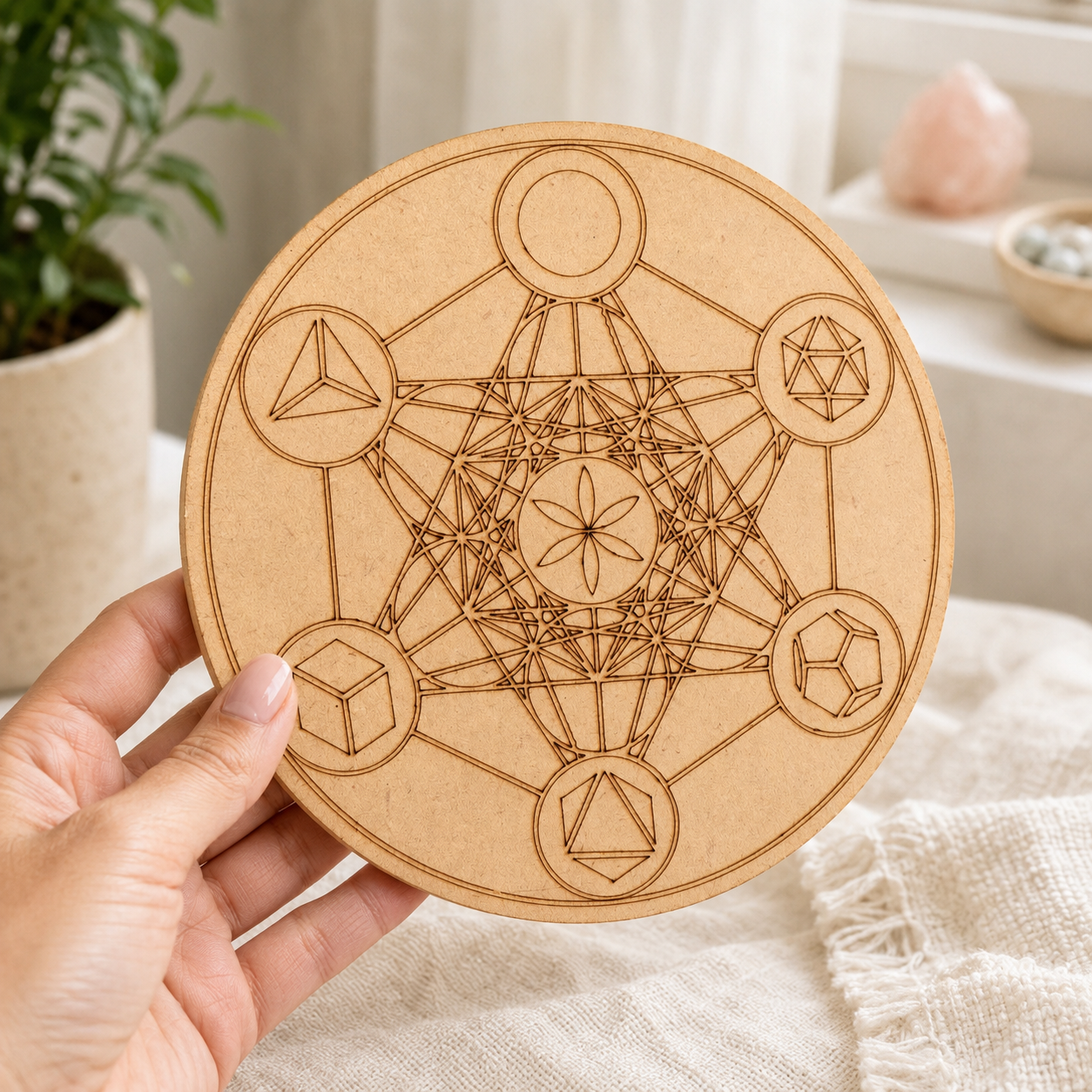 Sacred Geometry Crystal Grid Board, 6" Wooden Crystal Grid Plate  DestGlow