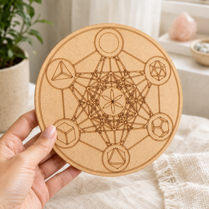Sacred Geometry Crystal Grid Board, 6" Wooden Crystal Grid Plate  DestGlow