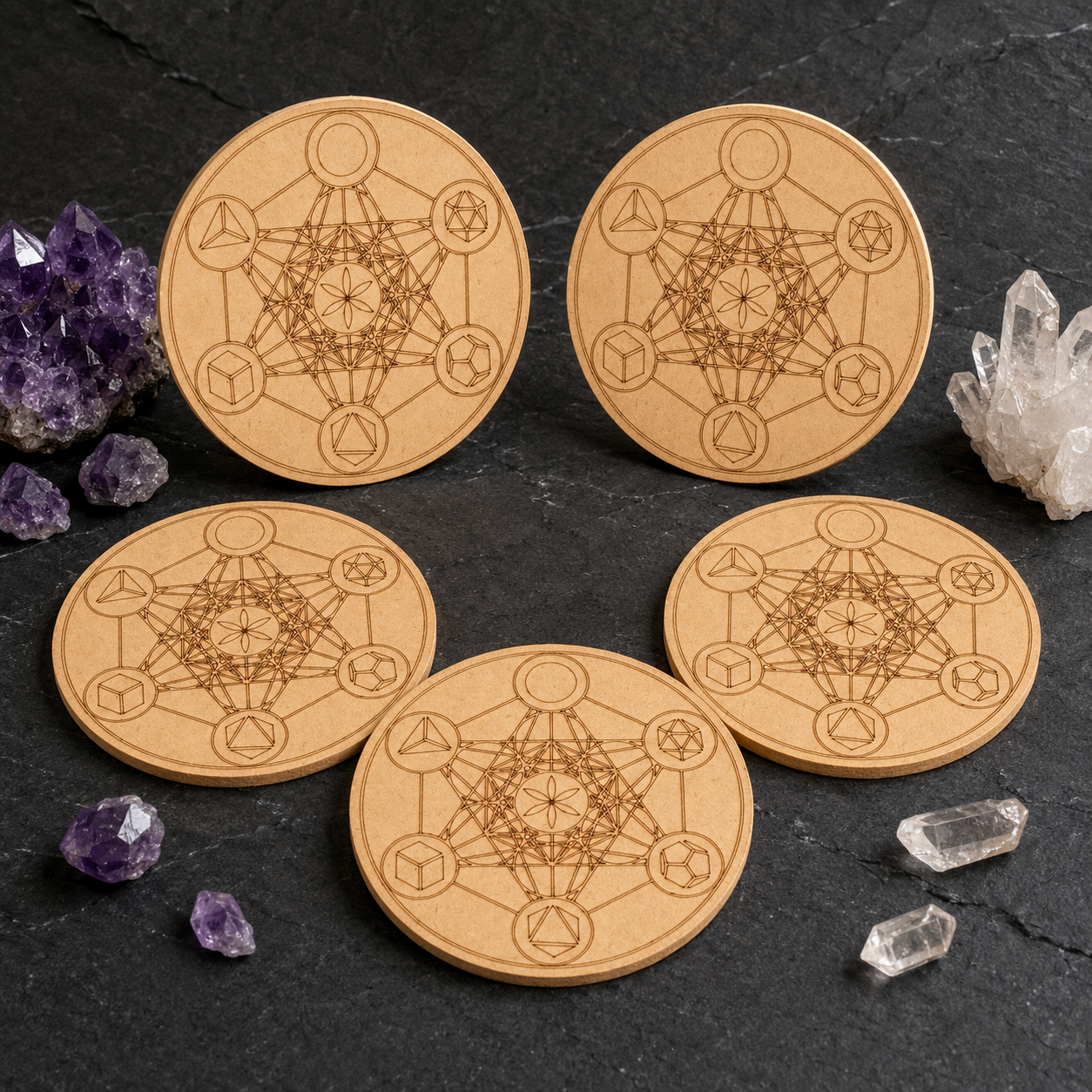 Sacred Geometry Crystal Grid Board, 6" Wooden Crystal Grid Plate  DestGlow