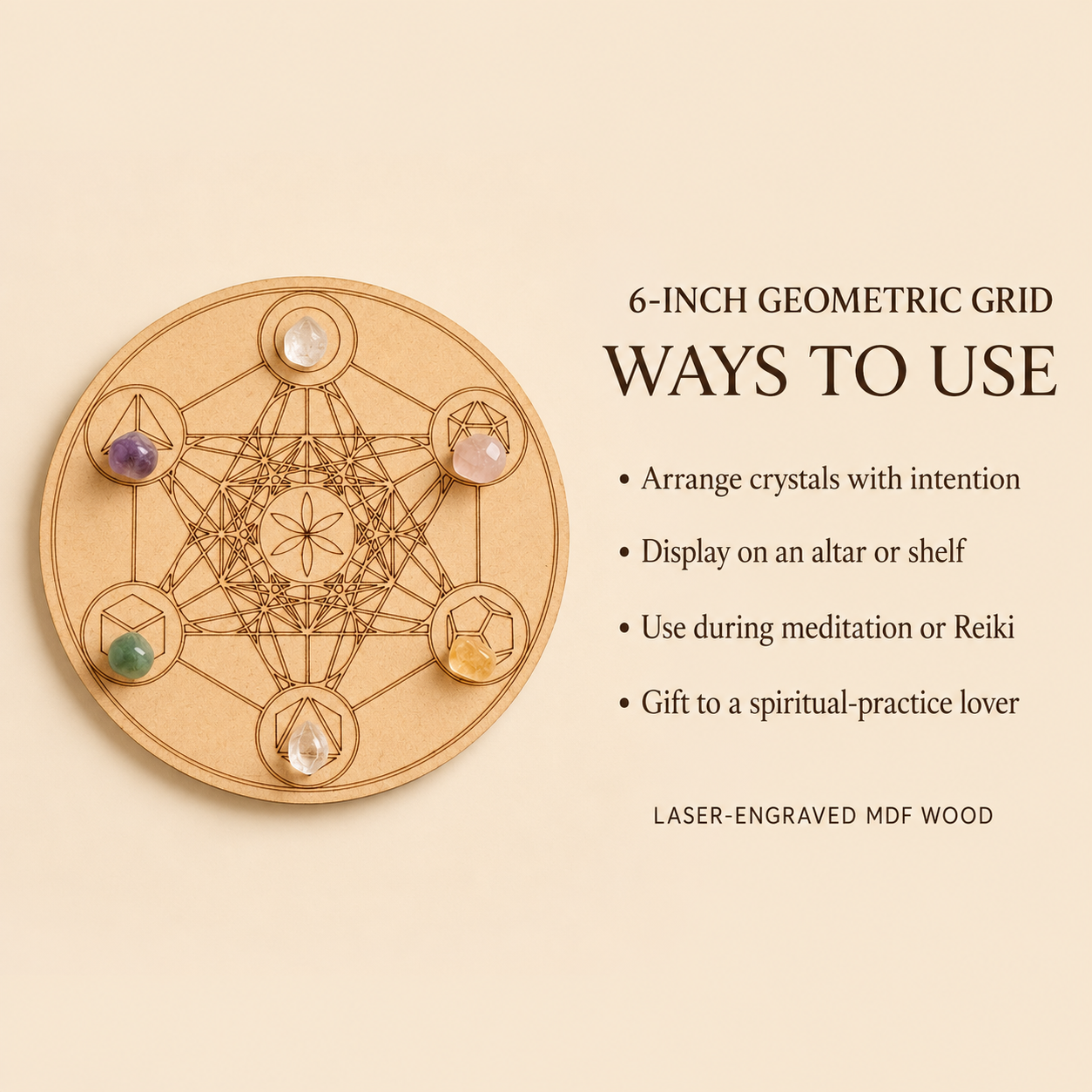Sacred Geometry Crystal Grid Board, 6" Wooden Crystal Grid Plate  DestGlow