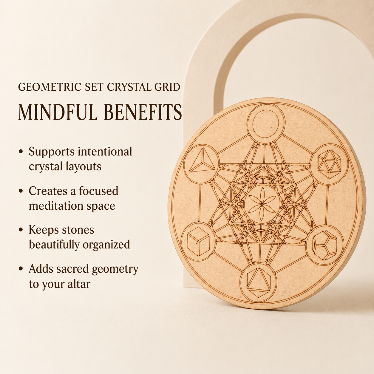 Sacred Geometry Crystal Grid Board, 6" Wooden Crystal Grid Plate  DestGlow