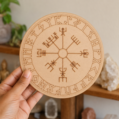 Norse Runes Crystal Grid Board, Wooden 6" Vegvisir Grid Plate  DestGlow