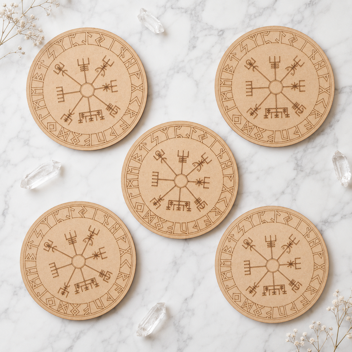 Norse Runes Crystal Grid Board, Wooden 6" Vegvisir Grid Plate  DestGlow