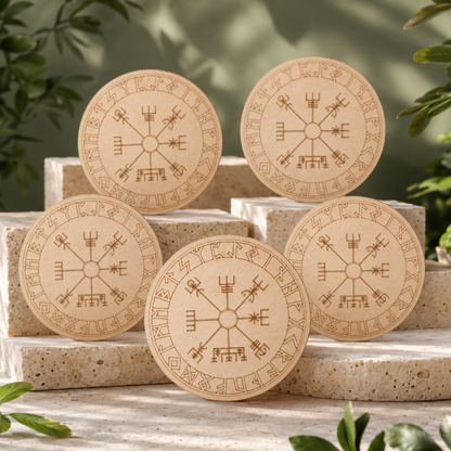 Norse Runes Crystal Grid Board, Wooden 6" Vegvisir Grid Plate  DestGlow
