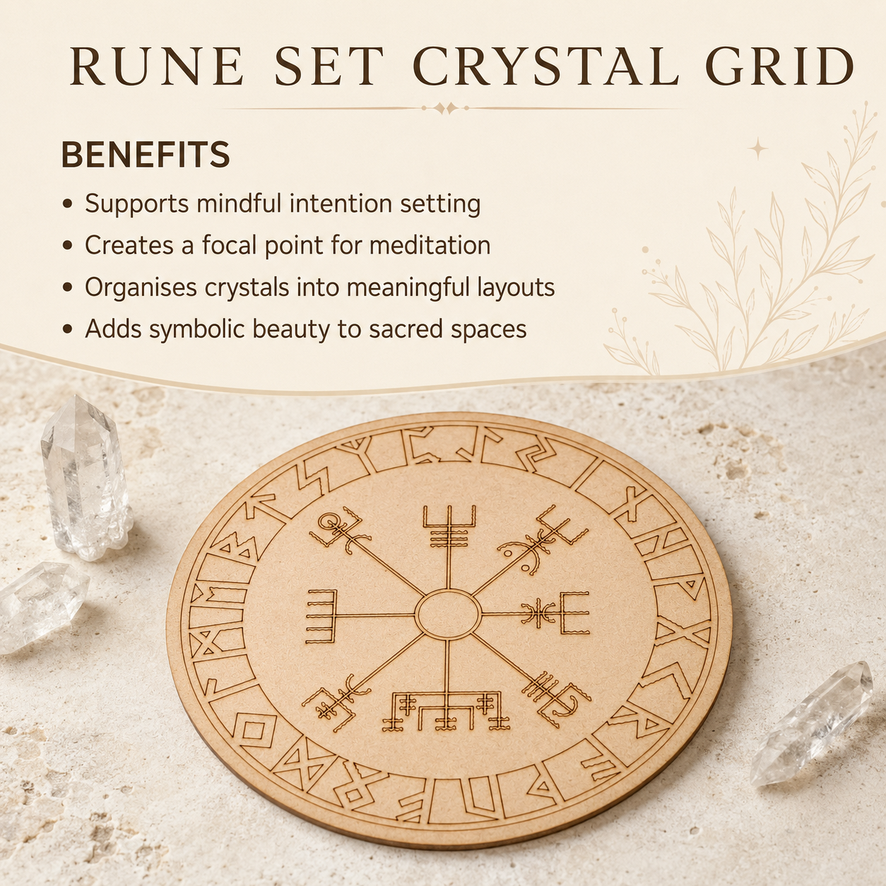 Norse Runes Crystal Grid Board, Wooden 6" Vegvisir Grid Plate  DestGlow