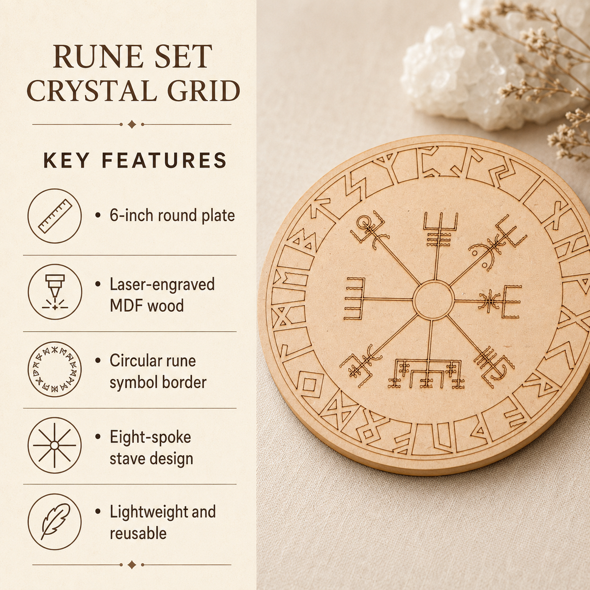 Norse Runes Crystal Grid Board, Wooden 6" Vegvisir Grid Plate  DestGlow