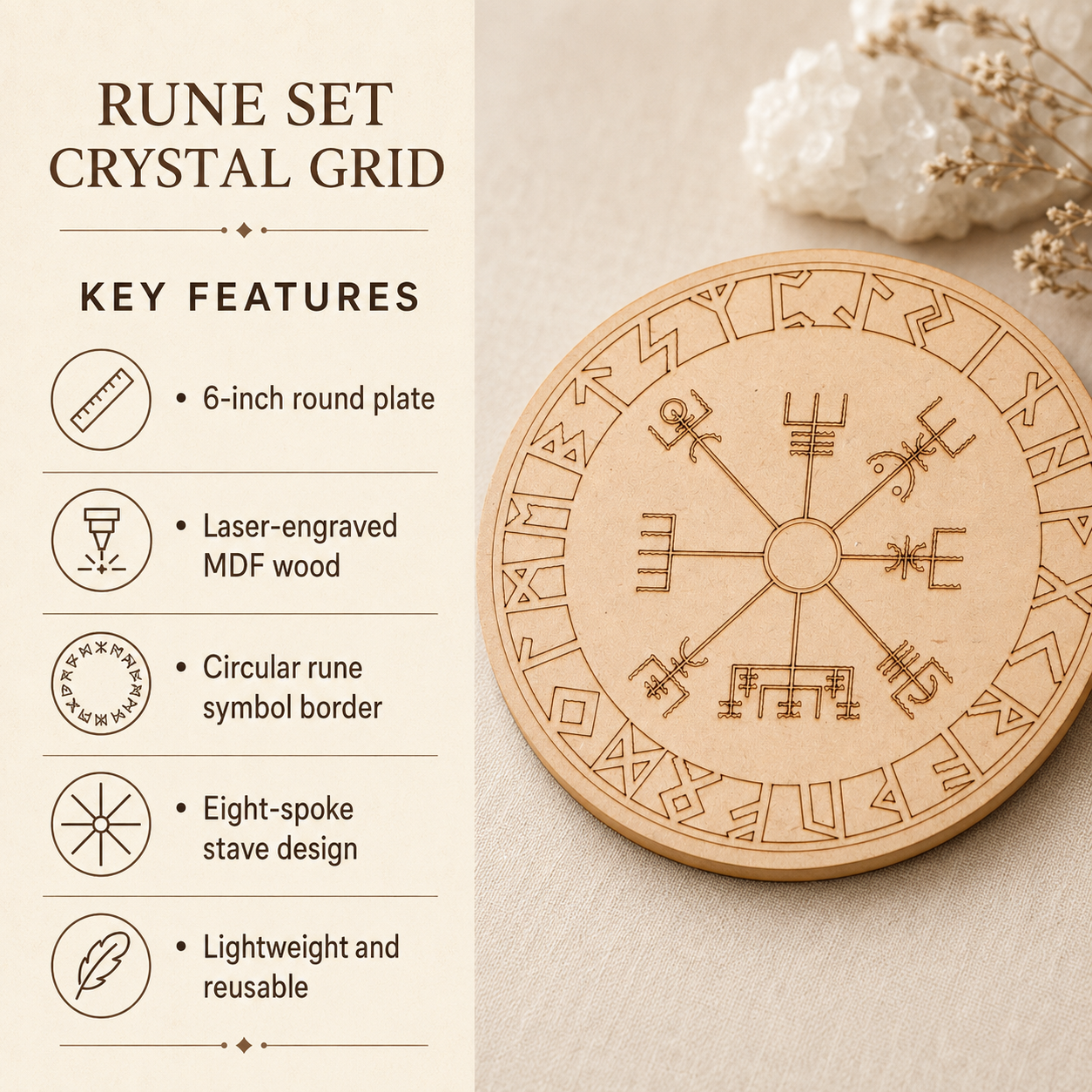 Norse Runes Crystal Grid Board, Wooden 6" Vegvisir Grid Plate  DestGlow