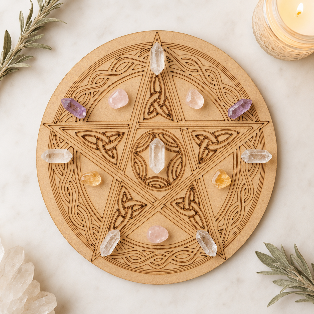 Pentacle Crystal Grid Board, 6" Wooden Crystal Grid Plate  DestGlow