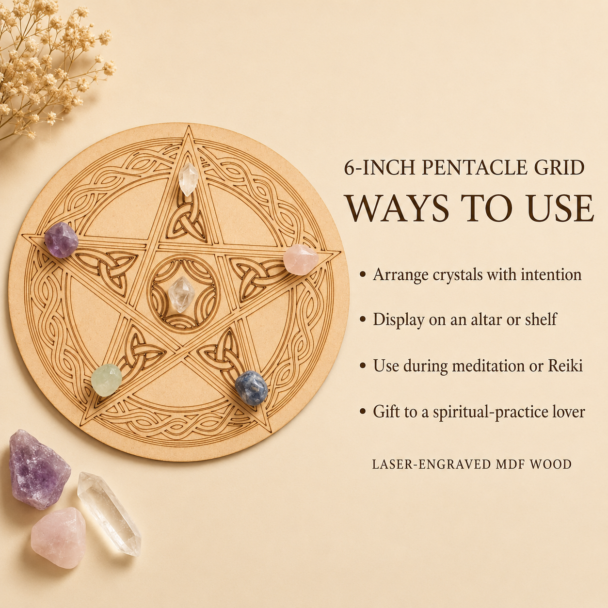 Pentacle Crystal Grid Board, 6" Wooden Crystal Grid Plate  DestGlow