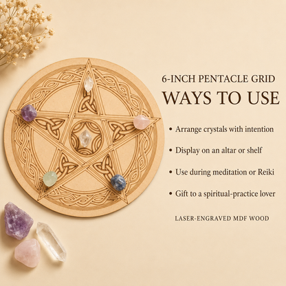 Pentacle Crystal Grid Board, 6" Wooden Crystal Grid Plate  DestGlow