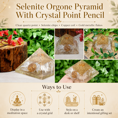 Selenite Orgone pyramid with Clear Quartz Crystal Pencil  DestGlow