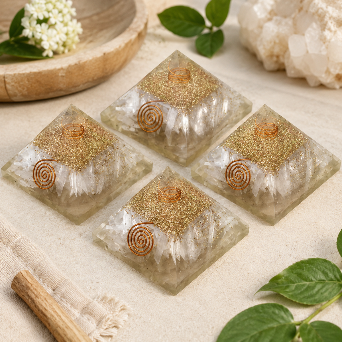 Selenite Orgone pyramid with Clear Quartz Crystal Pencil  DestGlow