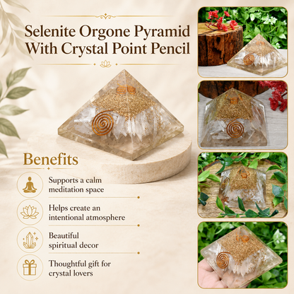 Selenite Orgone pyramid with Clear Quartz Crystal Pencil  DestGlow