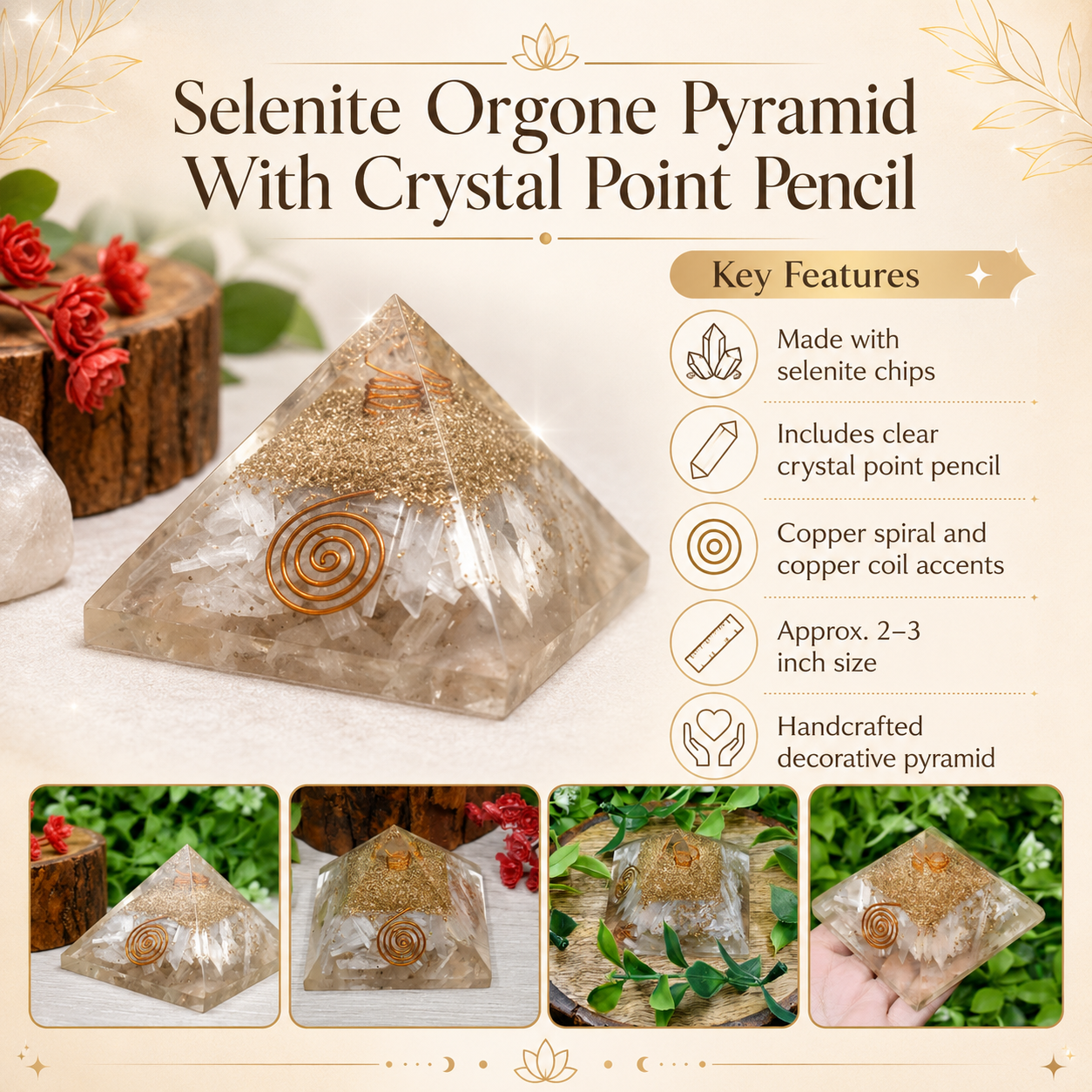 Selenite Orgone pyramid with Clear Quartz Crystal Pencil  DestGlow