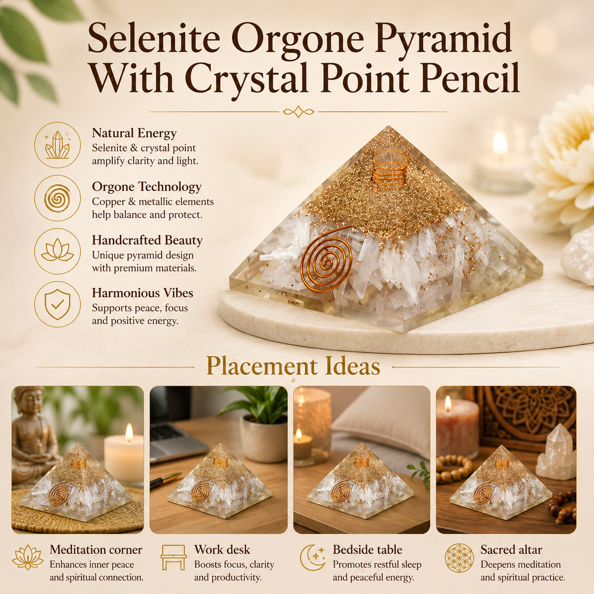 Selenite Orgone pyramid with Clear Quartz Crystal Pencil  DestGlow